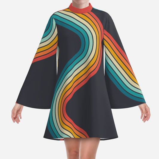 Groovy 70s Disco Dress | Black Rainbow Stripe Bell Sleeve Dress | Retro Turtleneck Tent Mini Dress
