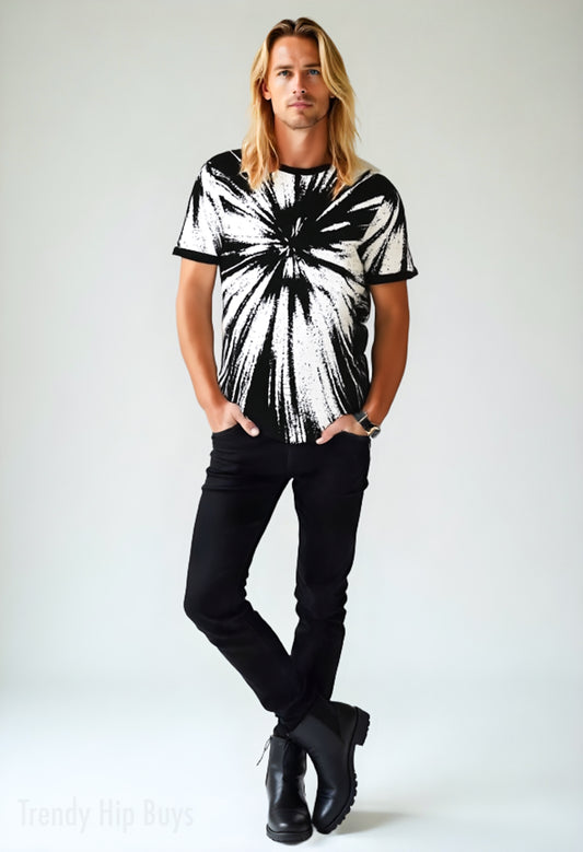 Men’s 80s 90s Retro T-Shirt | Abstract Grunge Black & White Graphic Tee | Edgy Rocker Style Cotton Shirt