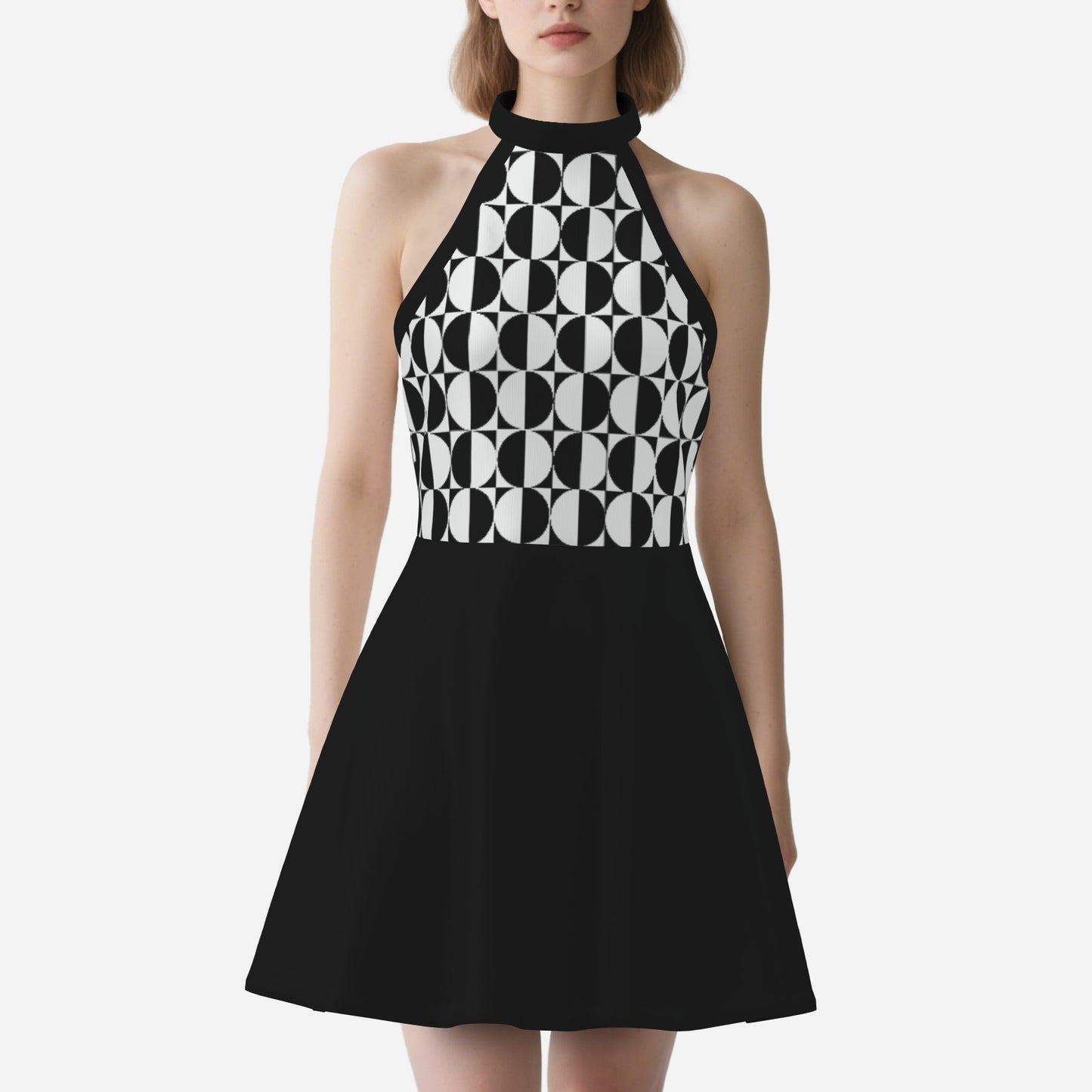 60s Mod Style Dress | Retro Black & White Halter Mini Dress | Geometric Black Go go Dress | Retro Sleeveless Dress