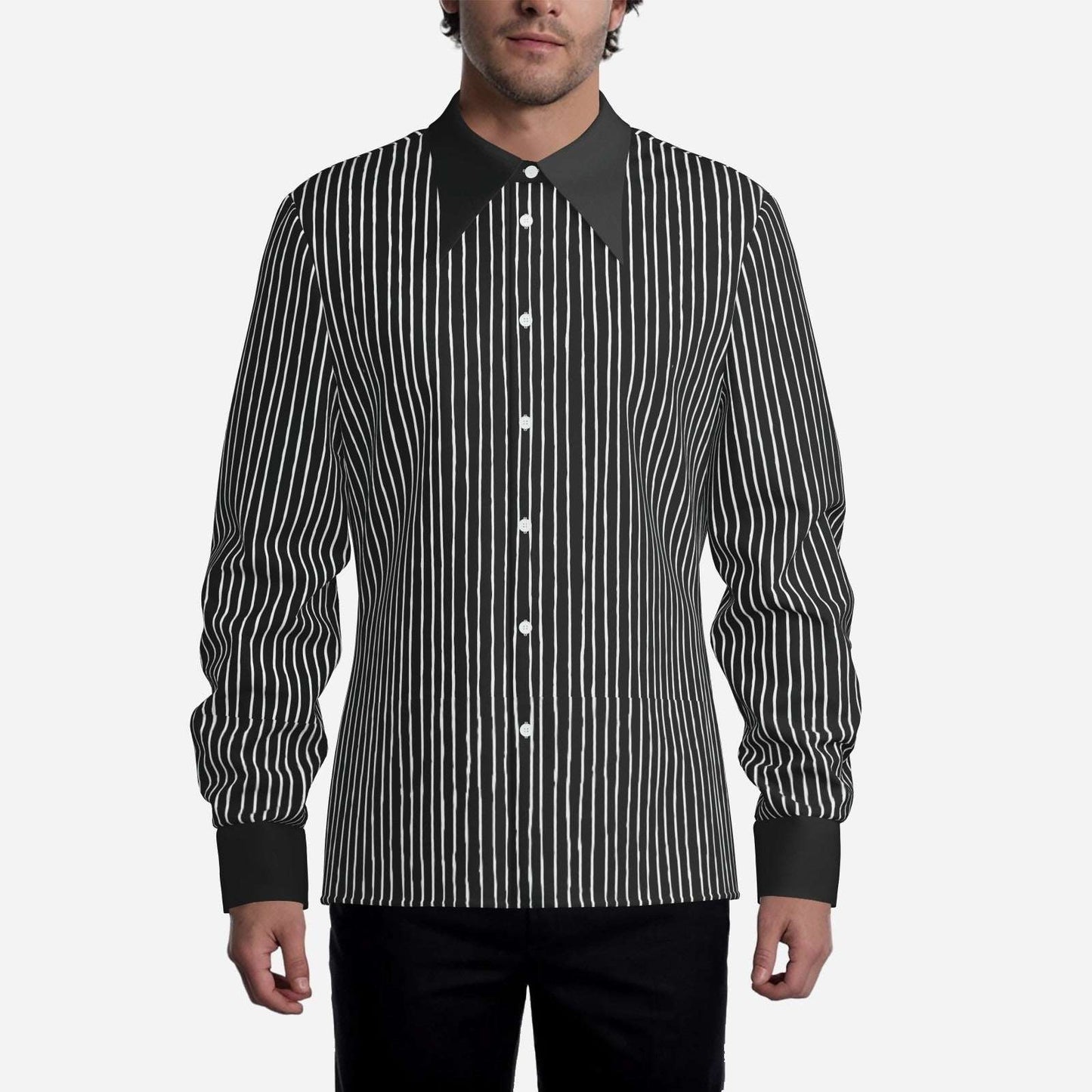 Men’s 70s Style Shirt | Black Pinstripe Shirt | Wing Collar Shirt | Black Disco Shirt