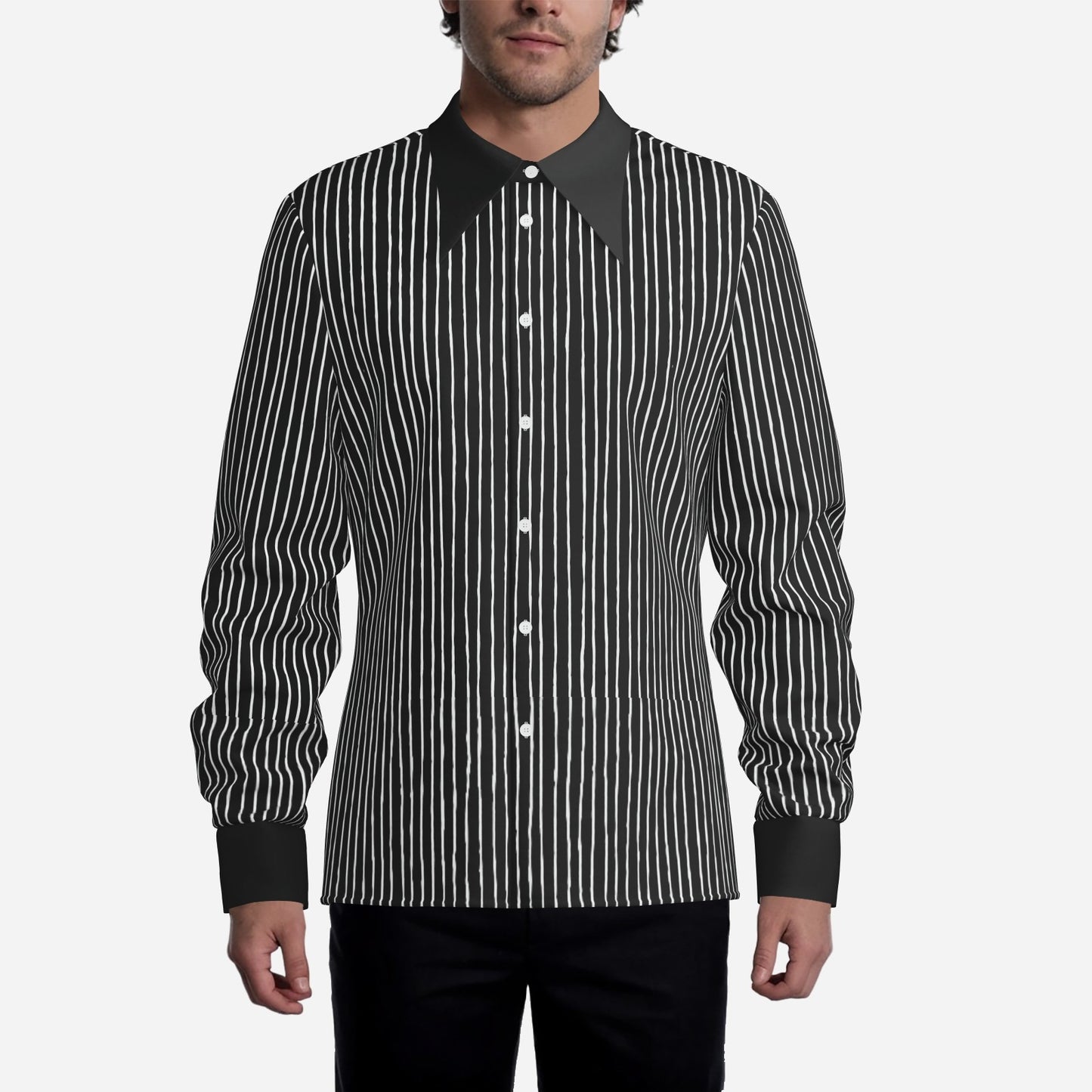 Men’s 70s Style Shirt | Black Pinstripe Shirt | Wing Collar Shirt | Black Disco Shirt