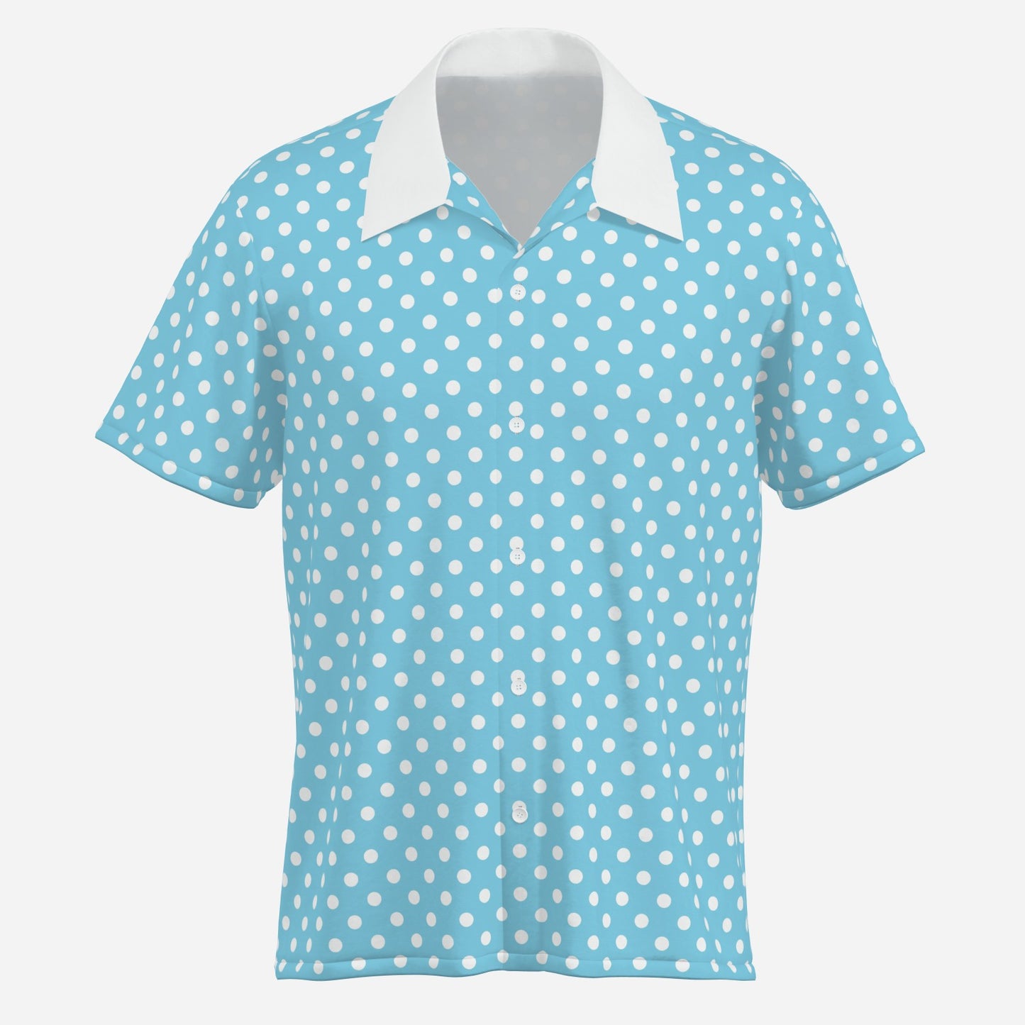 Blue polo shirt with white polka dots on a light blue background