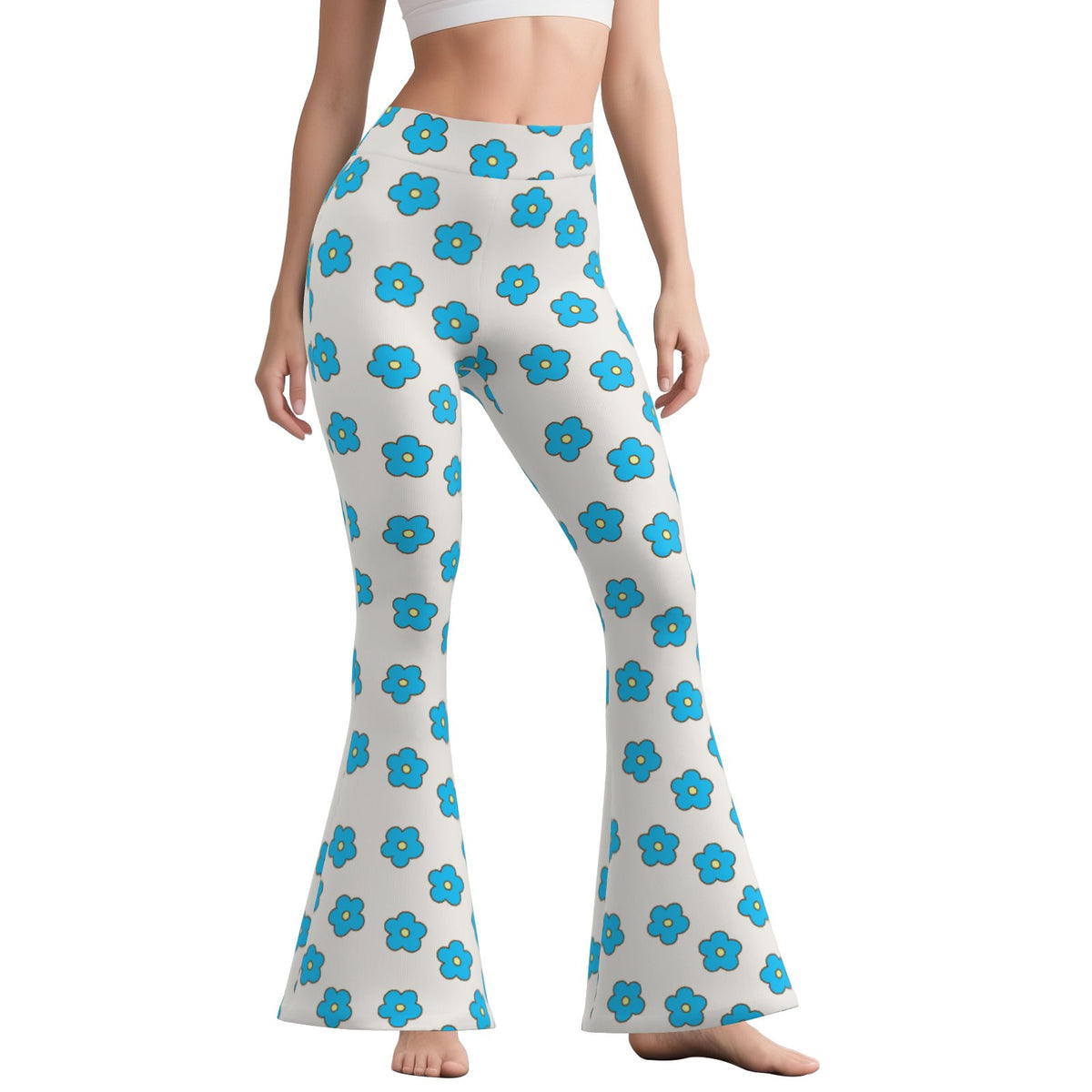 70s Turquoise Bell Bottom Pants | Retro Wide Leg Yoga Pants | Turquoise Floral Vintage Flare Leggings Women