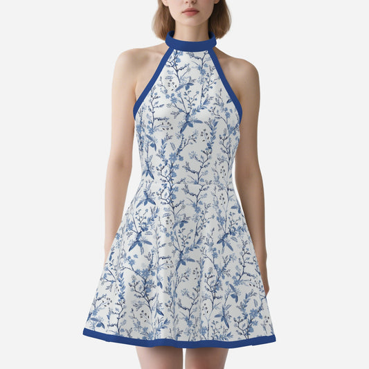 60s Style Dress | Retro Blue Floral Halter Mini Dress | Vintage Sleeveless A-Line Dress with Blue Trim