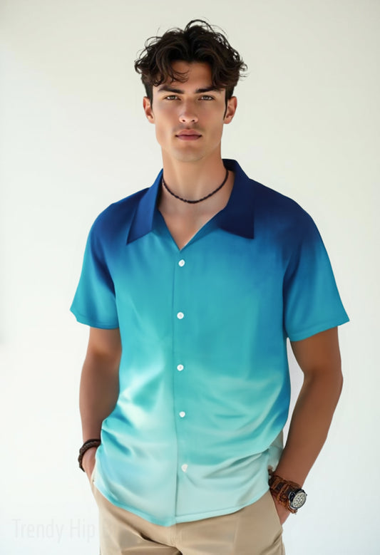 Men's Blue Ombre Shirt, Men's Ombre Blue Button Down Shirt, Unique Short Sleeve Shirt Men