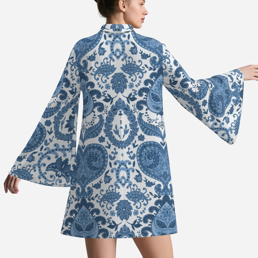 70s Style Dress | Retro Blue & White Paisley Bell Sleeve Mini Dress | Vintage Turtle Neck Chiffon Dress | Trendy Hip Buys Exclusive