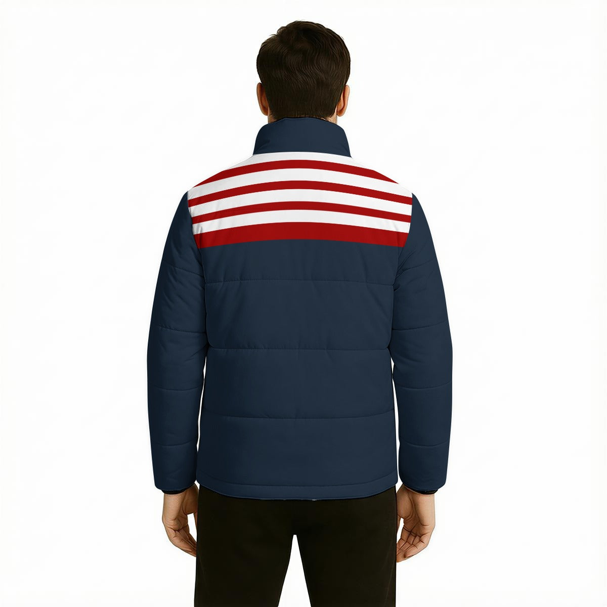 Retro 80s navy blue puffer jacket with nautical red and white stripe detail and cotton insulation. Vintage unisex winter jacket by Trendy Hip Buys.