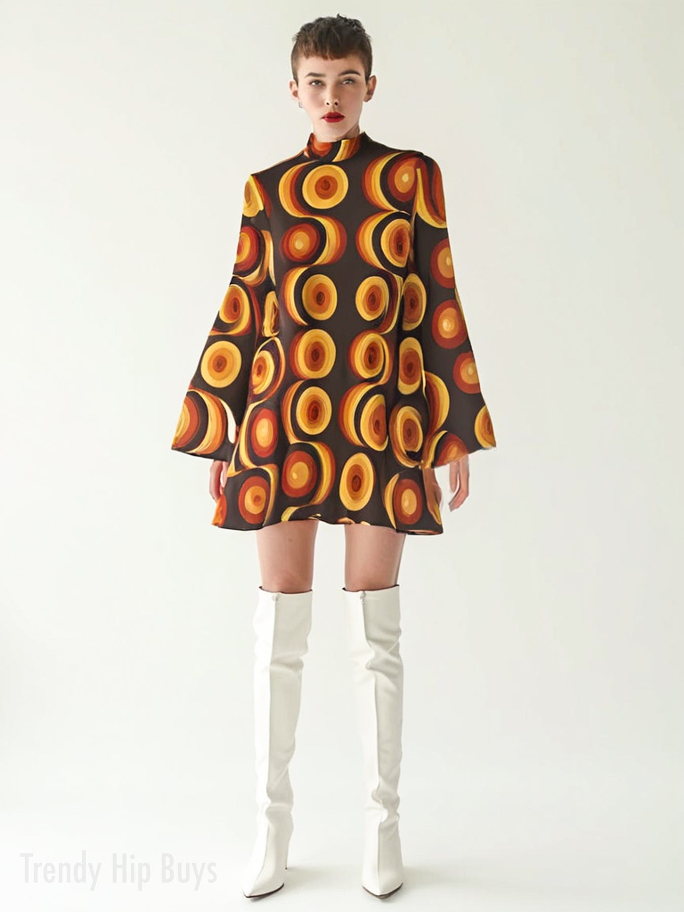 Geometric Black Brown Bell Sleeve Dress | 70s Op Art Space Age Chiffon Mini Dress | 70s Dress Style