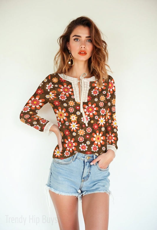 70s Brown Floral Boho Blouse | Retro Hippie Peasant Top | Vintage Lace Trim Bohemian Shirt