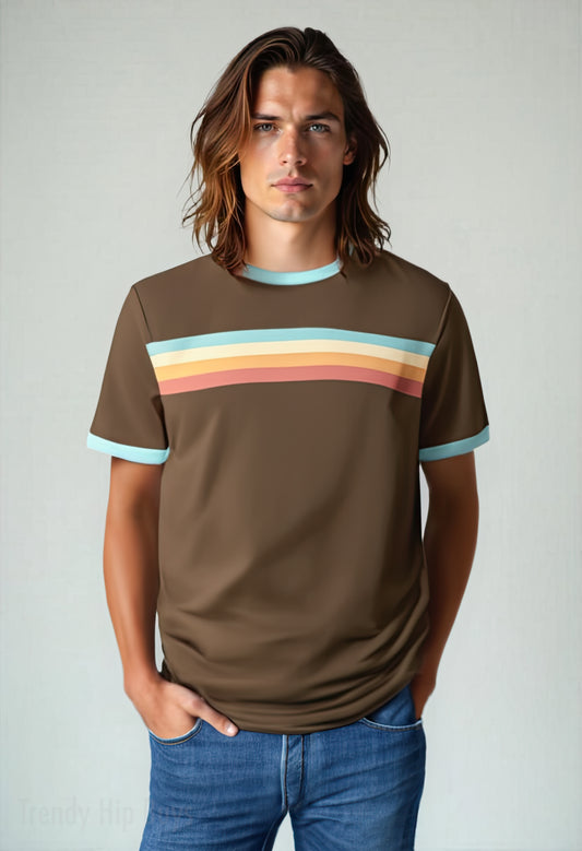 Men’s 70s Retro T-Shirt | Hippie Brown Multicolor Stripe Tee | Vintage 70s 80s Cotton Graphic Shirt