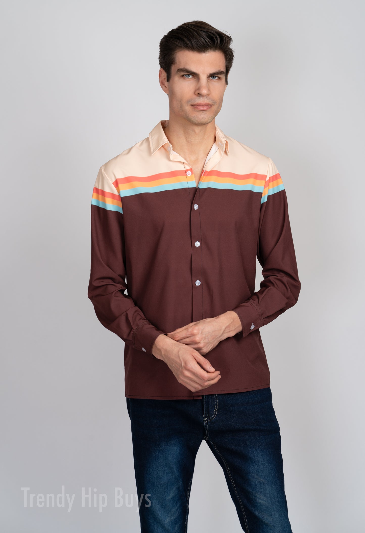 Retro Shirt, 70s Style Shirt, Color Block Shirt, Brown Shirt Men, Vintage 70s Shirt style, Stripe Shirt, Men's Dress Shirt, Hippie Shirt