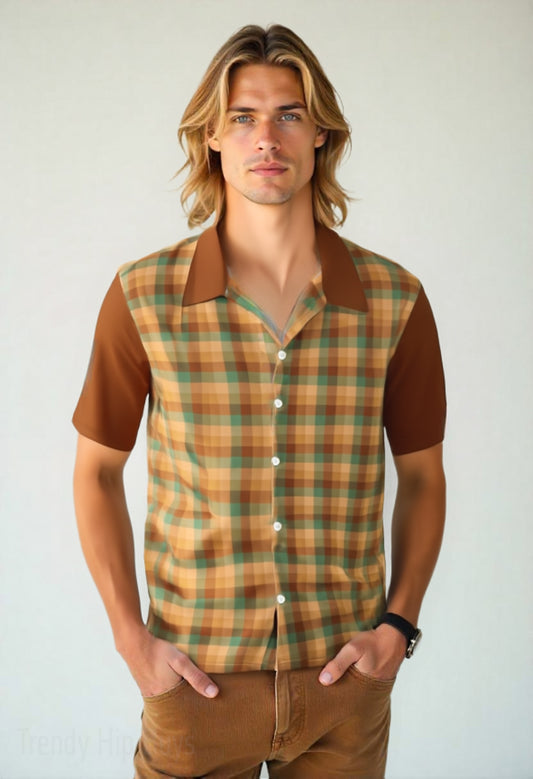 Men's 50s inspired Shirt, Retro Plaid Shirt, Vintage 50s Style Shirt Men, Retro Brown Plaid Shirt, Rockabilly Shirt