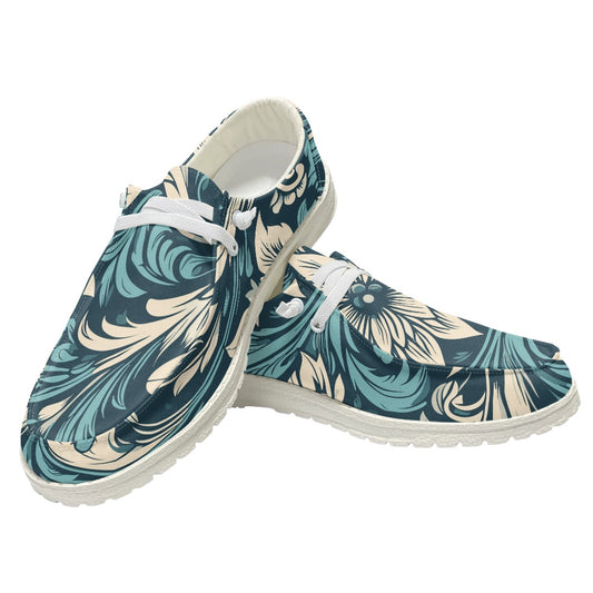 Vintage-Inspired Teal Loafers: Classic Retro Style shoes for Men and Women, Blue Beige Shoes