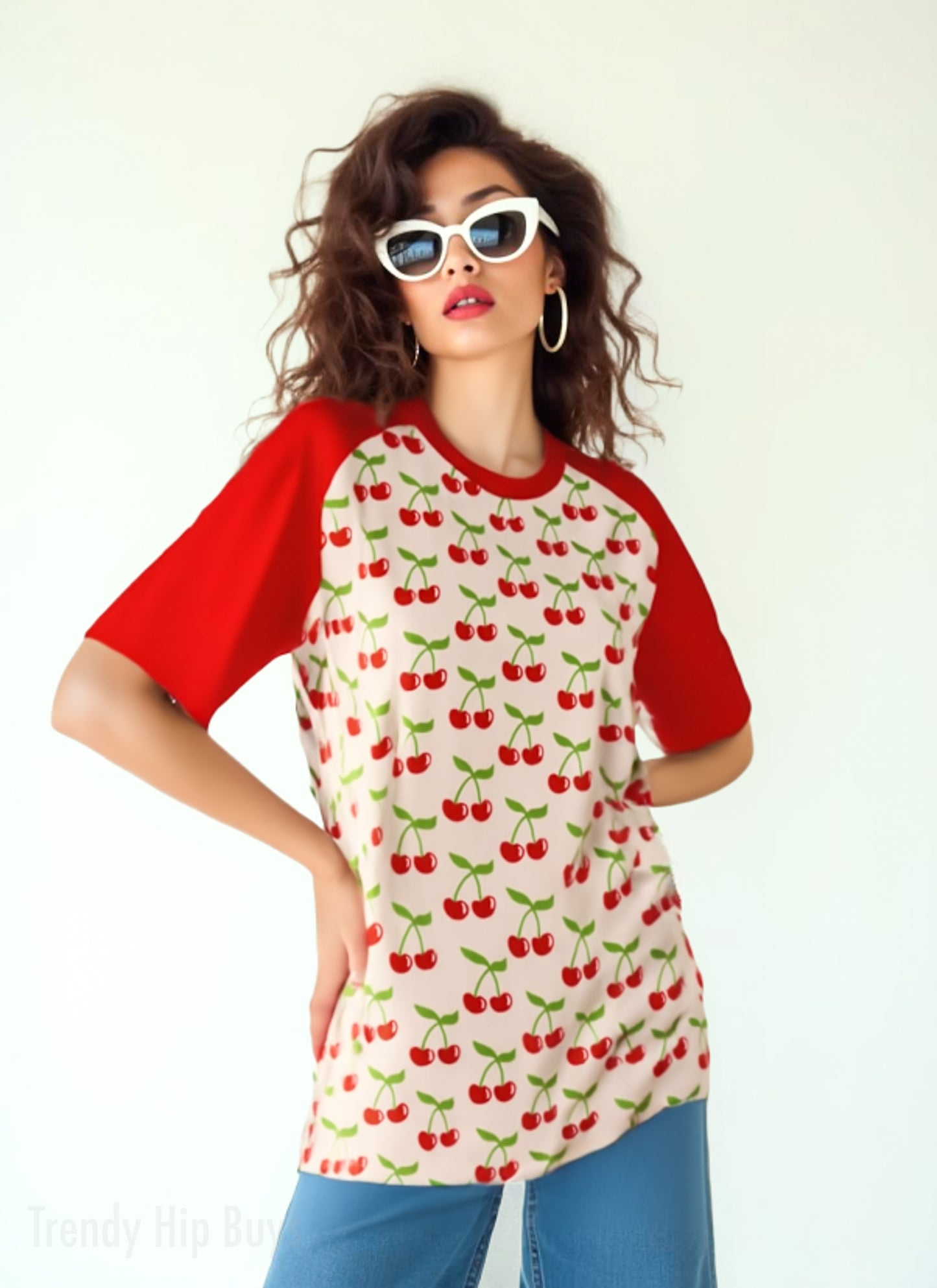 Women’s Retro T-Shirt | Pin-Up Cherry Print Raglan Tee | Vintage Style Cotton Top | Red Raglan Summer Shirt