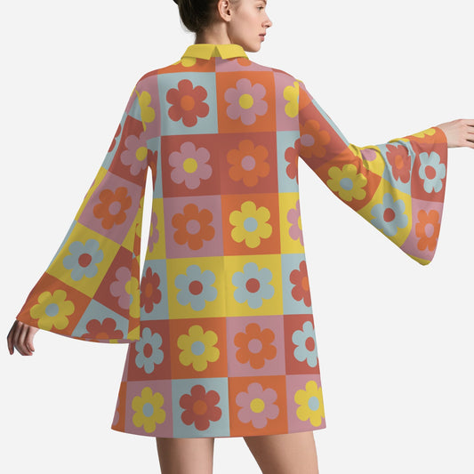 60s 70s Dress Style | Retro Bell Sleeve Boho Dress | Multicolor Floral Hippie Tent Dress | 70s Mini Dress with Yellow Turtleneck
