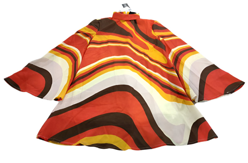 groovy70sdressstyle, abstract orange brown stripe tent dress, 70s boho dress, bell sleeve mini dress, chiffon dress, disco dress
