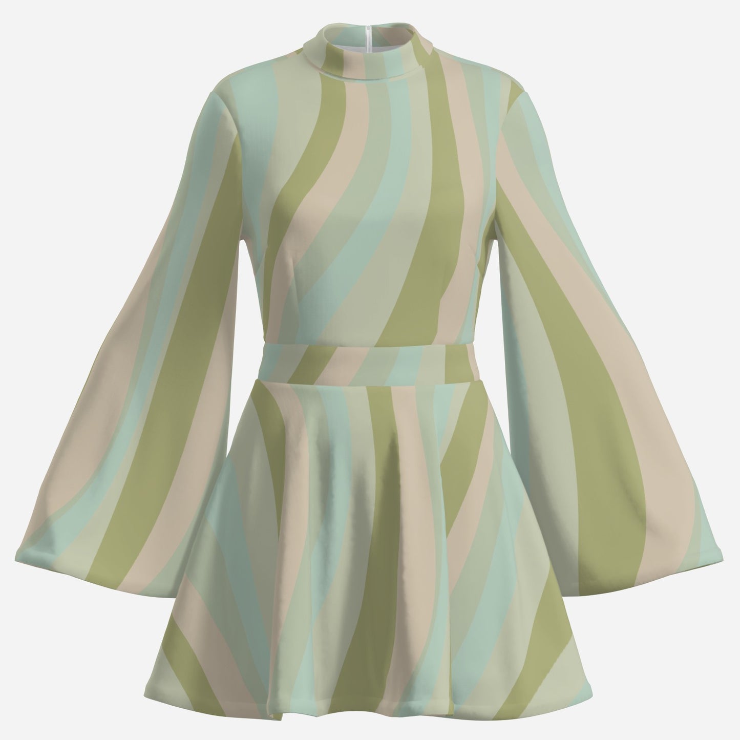 Green Boho 70s Dress Style | Green Pink Stripe Mini Dress | Retro Bell Sleeve Dress | Chiffon A-Line Dress