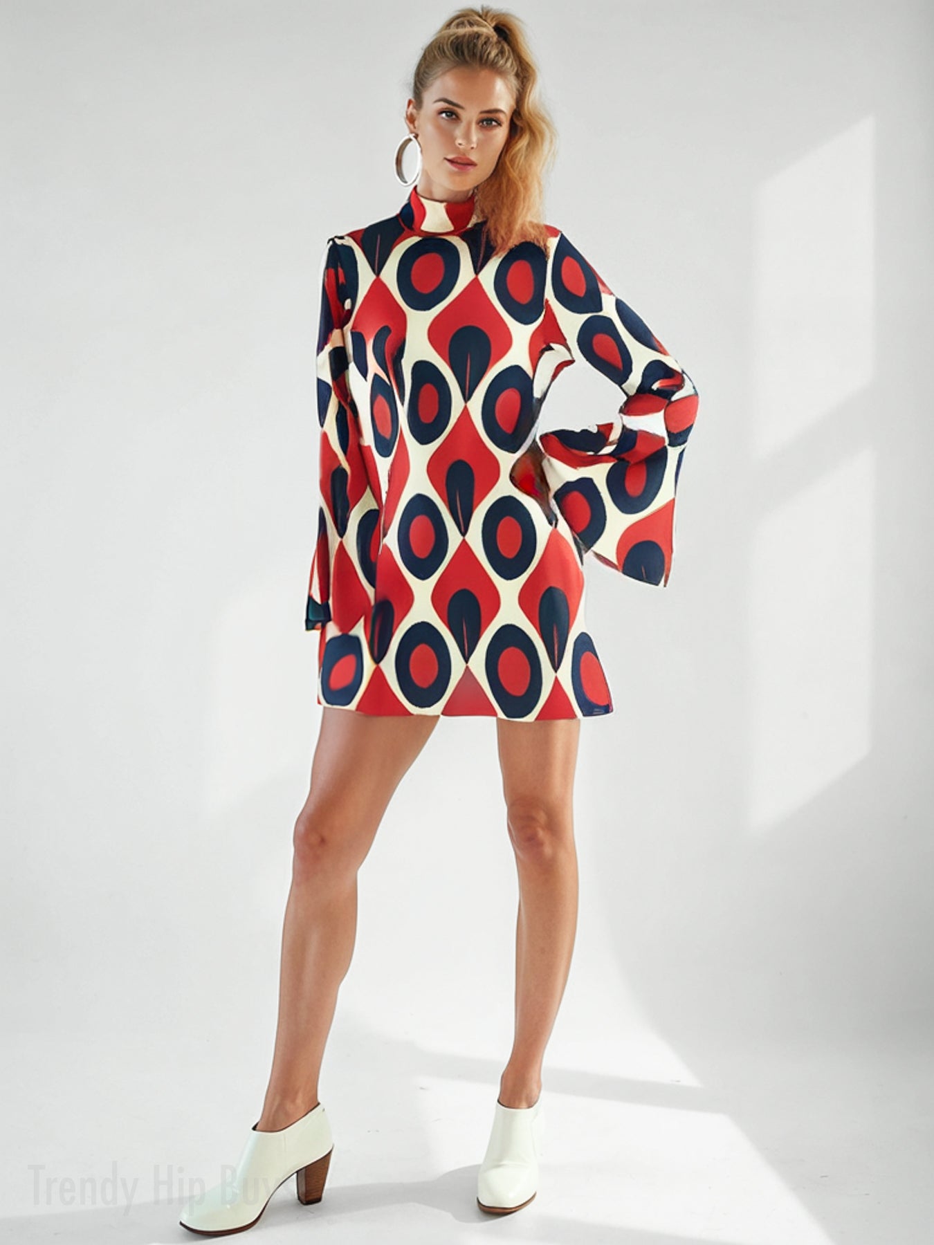 Disco 70s Style Dress | Turtleneck Mod Dress | Retro Red Black Op Art Chiffon Tent Mini Dress