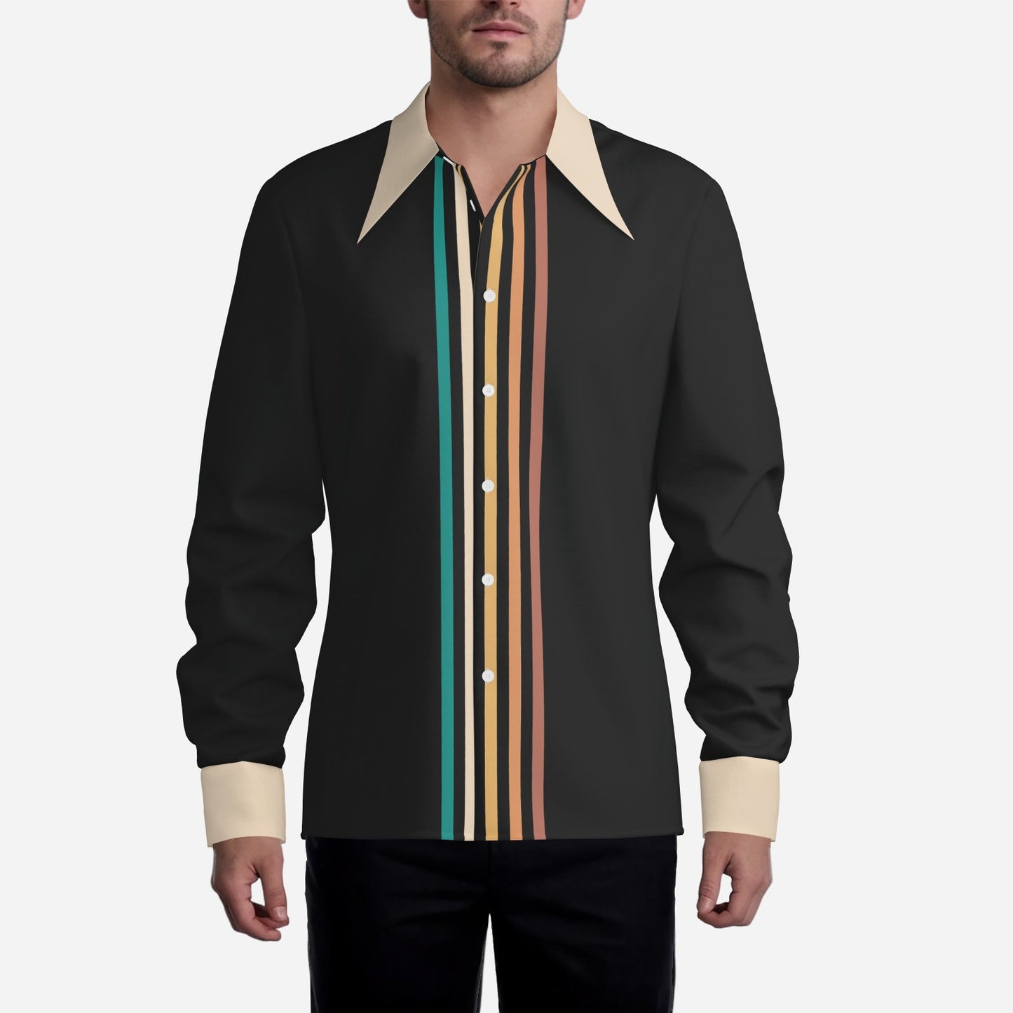 70s Style Shirt Men, 70s Wing Collar Shirt, 70s Hippie Shirt, Brown Stripe Shirt, Boho Shirt Men