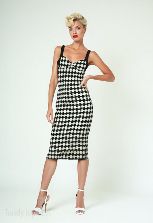 Vintage-Inspired Houndstooth Sheath Dress | 50s & 60s Retro Bodycon Dress| Rib Knit Midi Dress