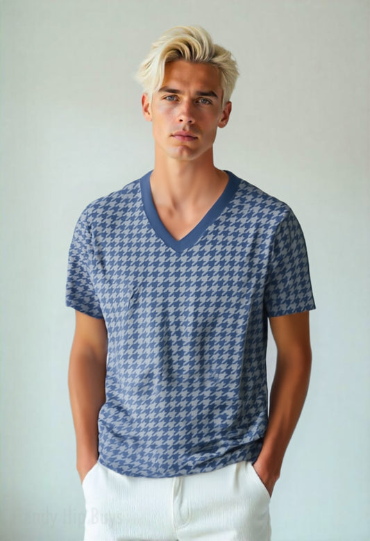 Eco-Tshirt, Retro Tshirt, Eco friendly T-shirt, Blue Houndstooth T-Shirt, Blue V-neck Tshirt Men, Houndstooth Top, Eco Top, Blue Eco Shirt