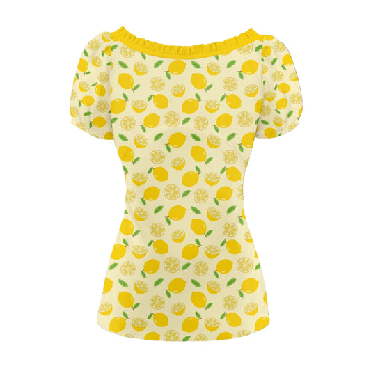 Retro Yellow Lemon Print Babydoll Top | Vintage Yellow Puff Sleeve Blouse | Ruffle Bow Tie Lemon Print Top | Yellow 50s Style Blouse