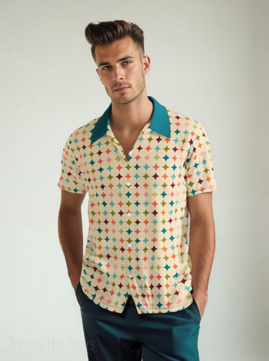 Men’s 50s Style Shirt | Retro Multicolor Geometric Shirt | Vintage Beige & Teal Shirt Men