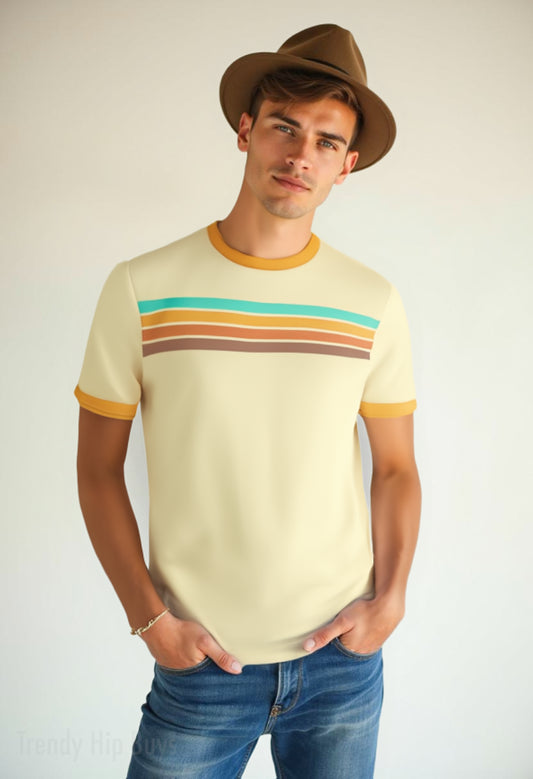 Men’s 70s Retro T-Shirt | Multicolor Stripe Cotton Tee | Vintage 70s 80s Style Graphic T-Shirt