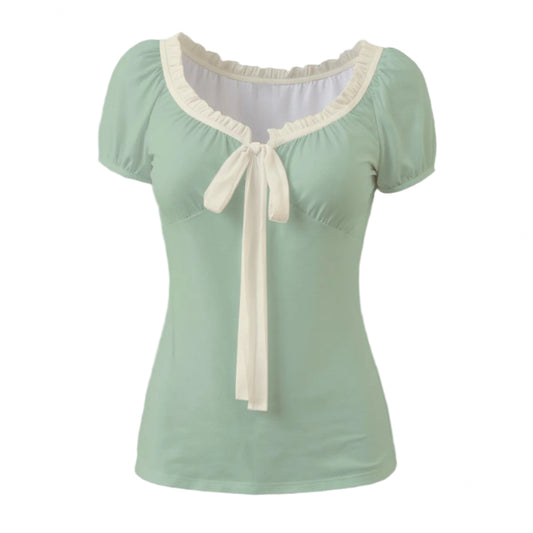 Mint Green Babydoll Blouse – Vintage 40s Style Puff Sleeve Top | Mint Green Bow Tie Blouse | Retro Top