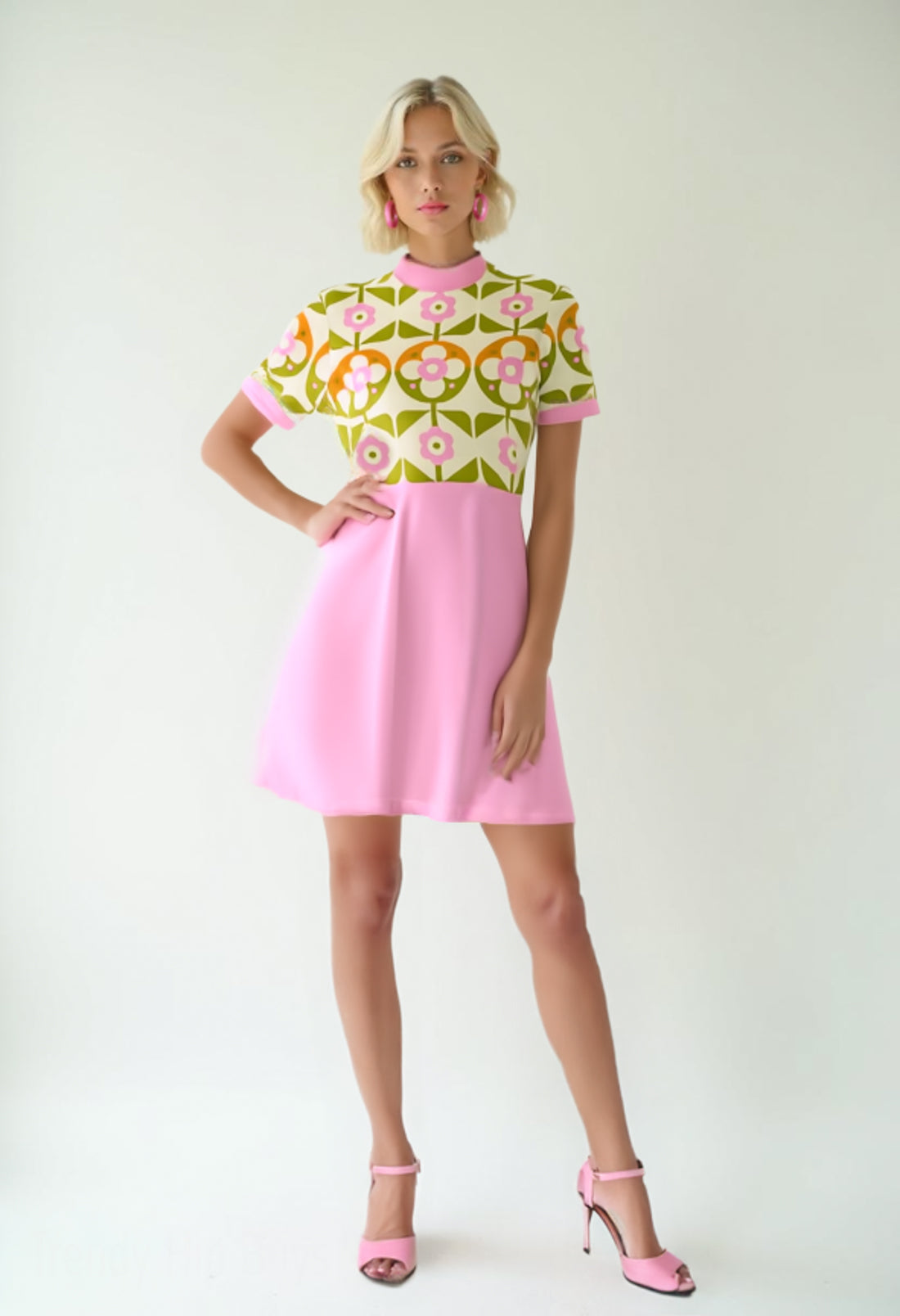 gogo dress 60s Pink Mod Mini Dress | Retro GoGo Turtleneck Dress | Floral Bodice Vintage Shift Dress