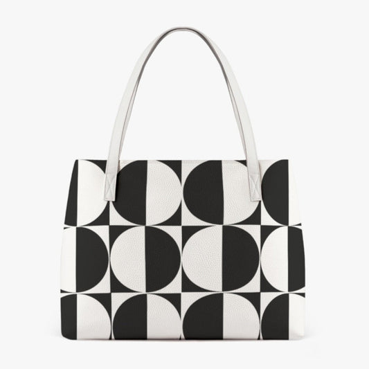 Mod 60s Geometric Tote Bag | Black & White Retro Handbag | Vintage-Inspired PU Leather Shoulder Bag