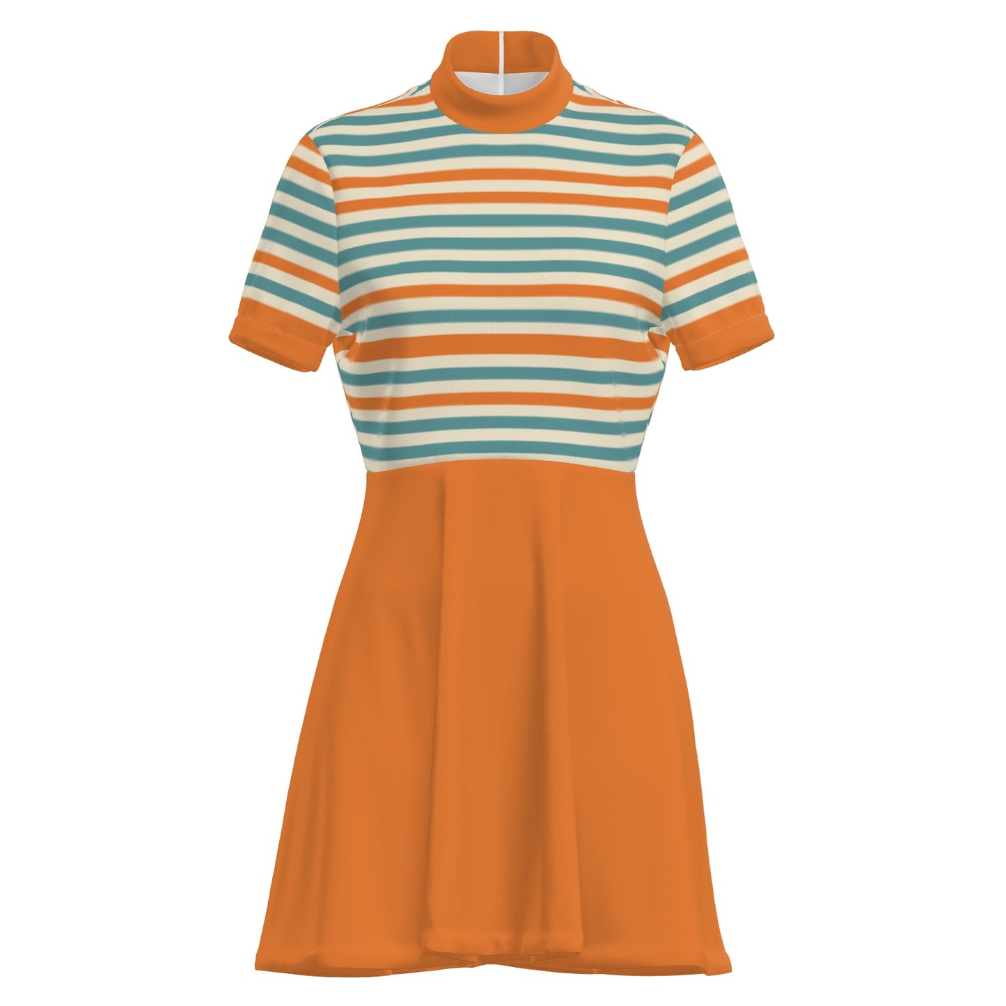 60s dress style, turtleneck dress, Orange blue stripe aline dress