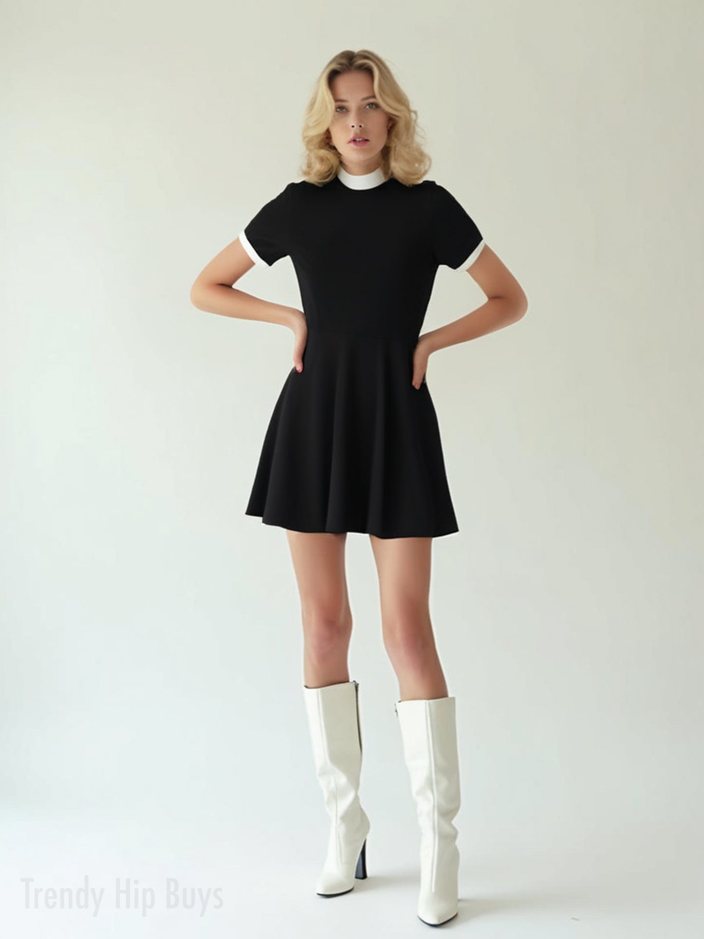 60s Mod Black Mini Dress | Retro Black and White Turtleneck A-Line Mini Dress
