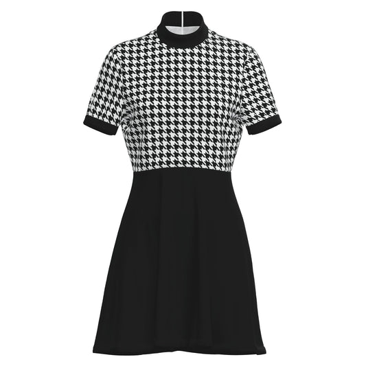 60s Dress Style Black Houndstooth Mod Mini Dress | Retro Turtleneck GoGo Dress | 60s Inspired Dress