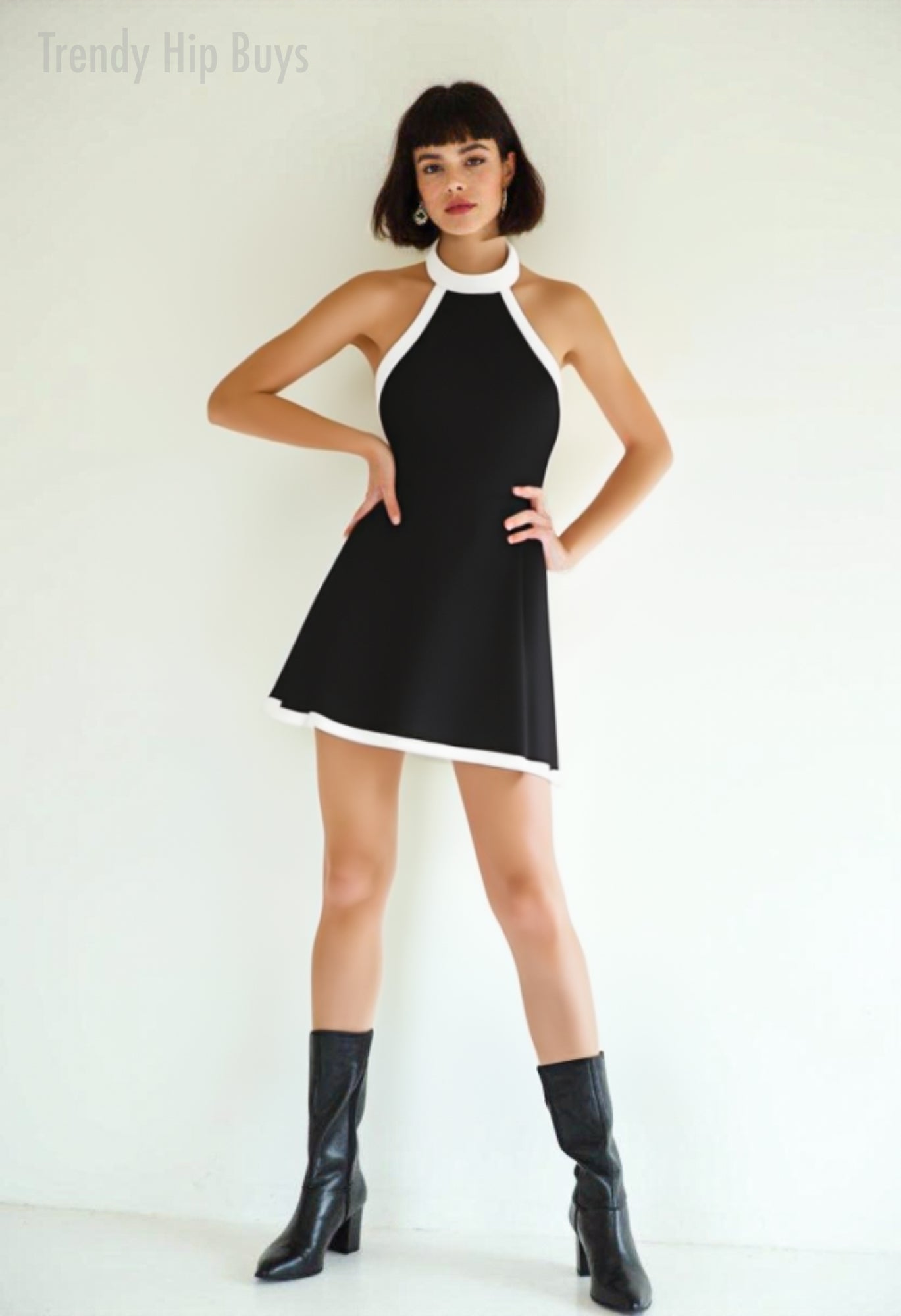 Black Halter Mini Dress | Vintage 60s Style Black Mini Dress|Mod Dress| Retro A-Line mini dress