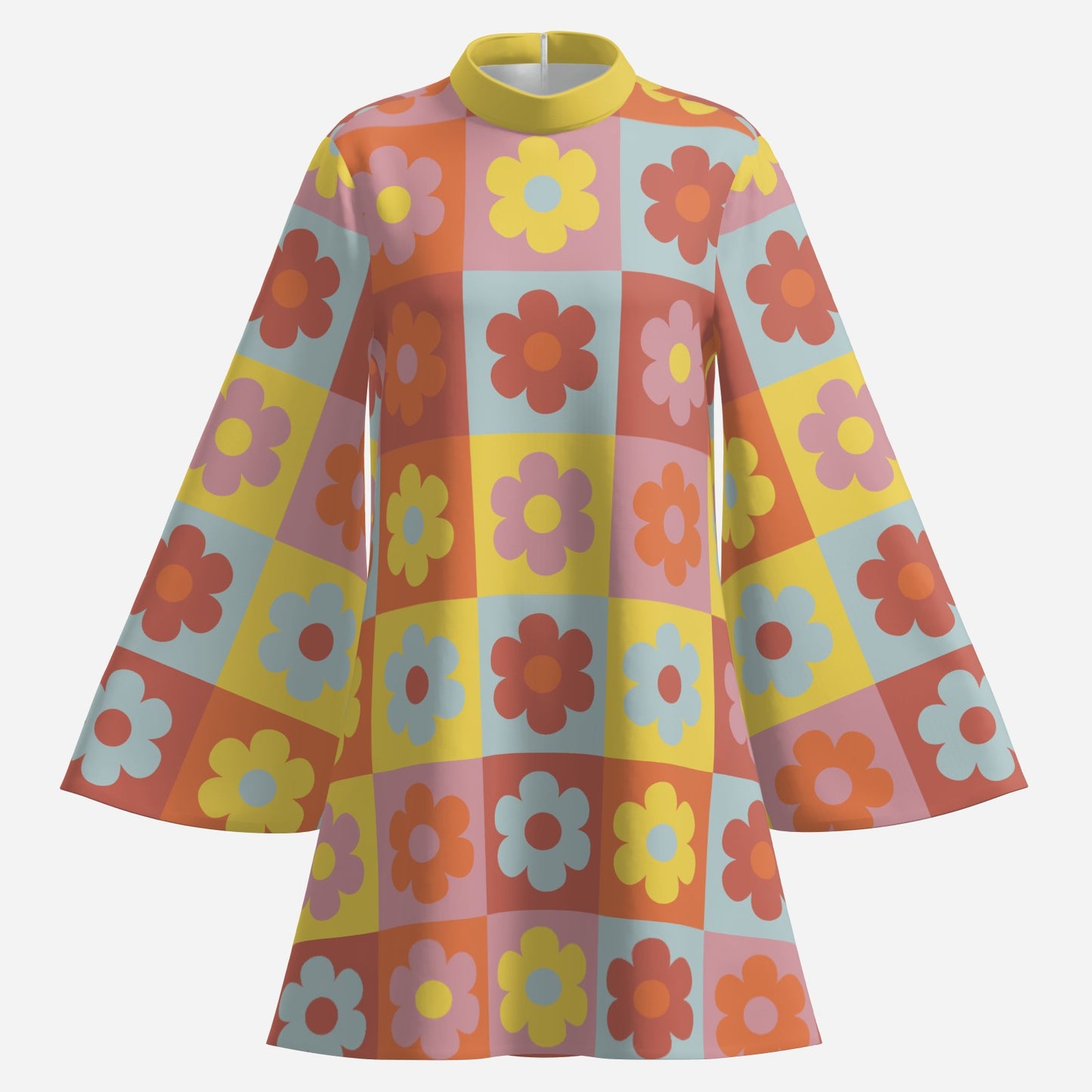 60s 70s Dress Style | Retro Bell Sleeve Boho Dress | Multicolor Floral Hippie Tent Dress | 70s Mini Dress with Yellow Turtleneck