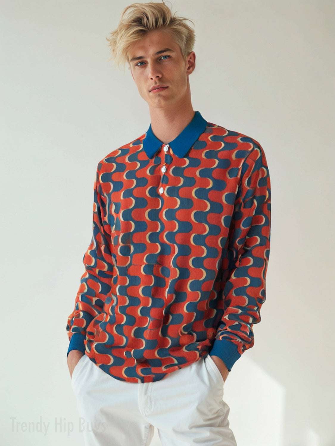 manwearingaredblueoptartretro60smodinspiredknitpoloshirt