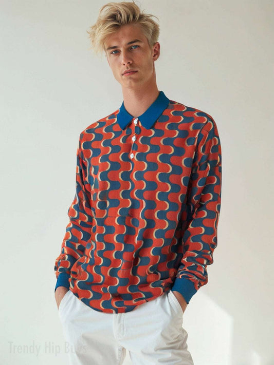manwearingaredblueoptartretro60smodinspiredknitpoloshirt