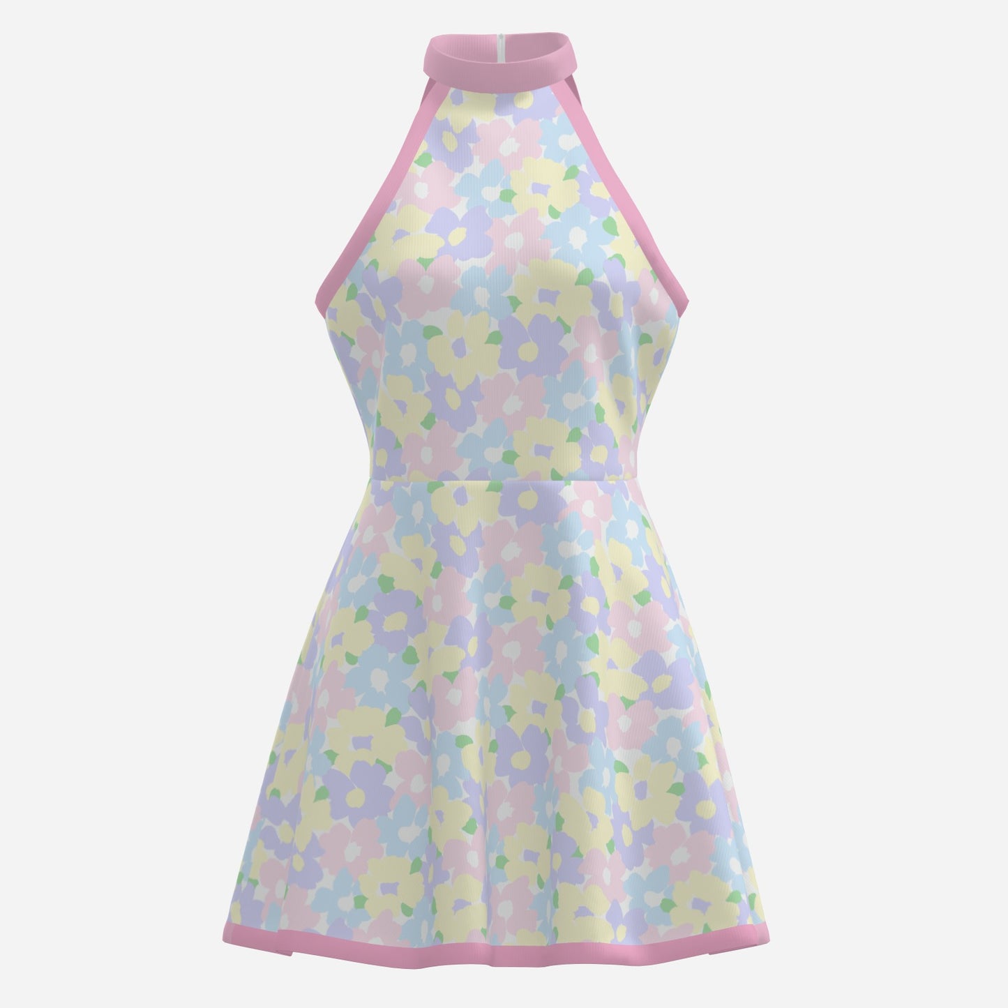 Mod 60s dress style, Vintage Style Dress, Pink Pastel floral mini dress, Sleeveless Retro Halter Dress