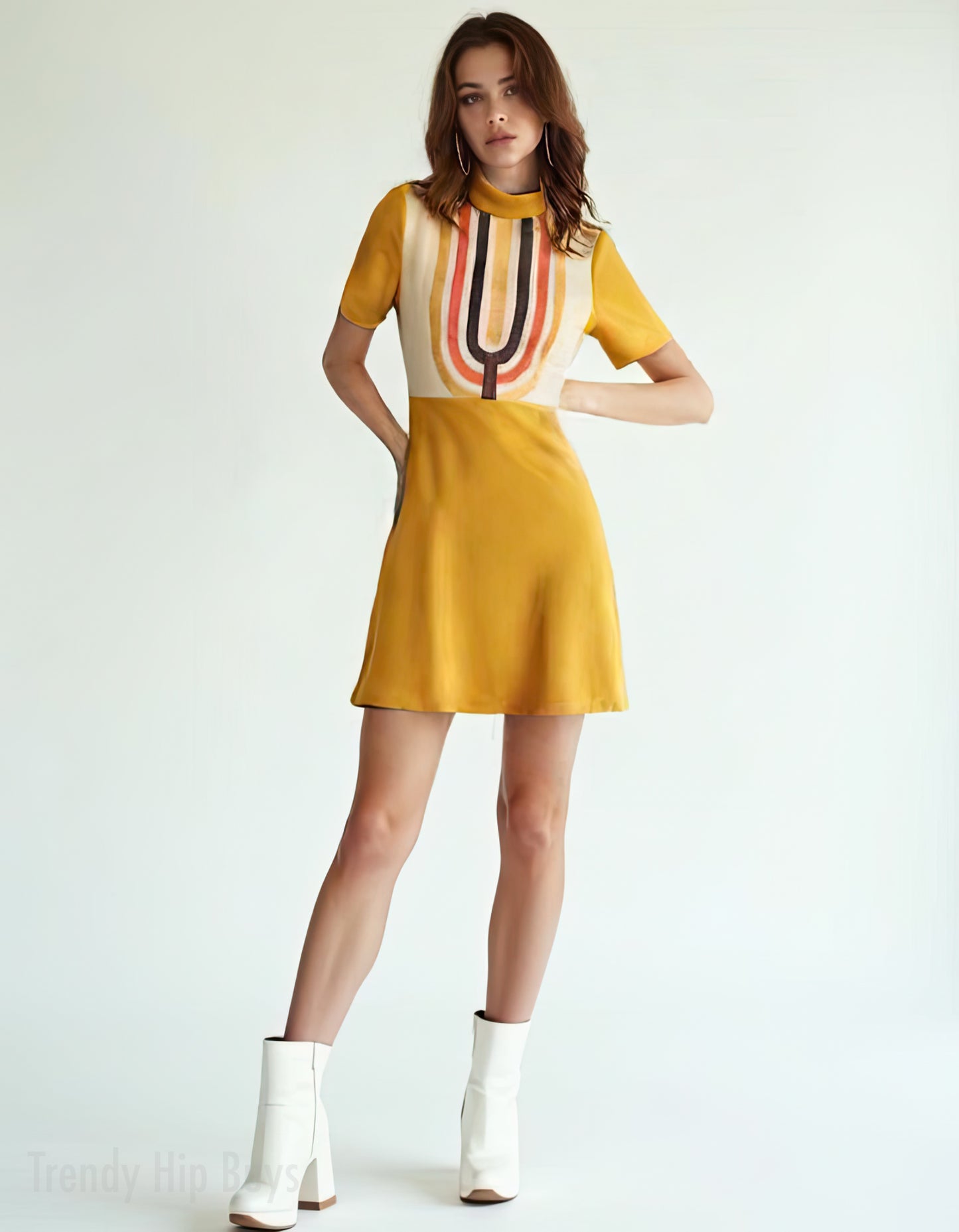 Retro 60s Mustard Yellow Mod Dress | Geometric Print Mini | Turtleneck Go-Go Dress
