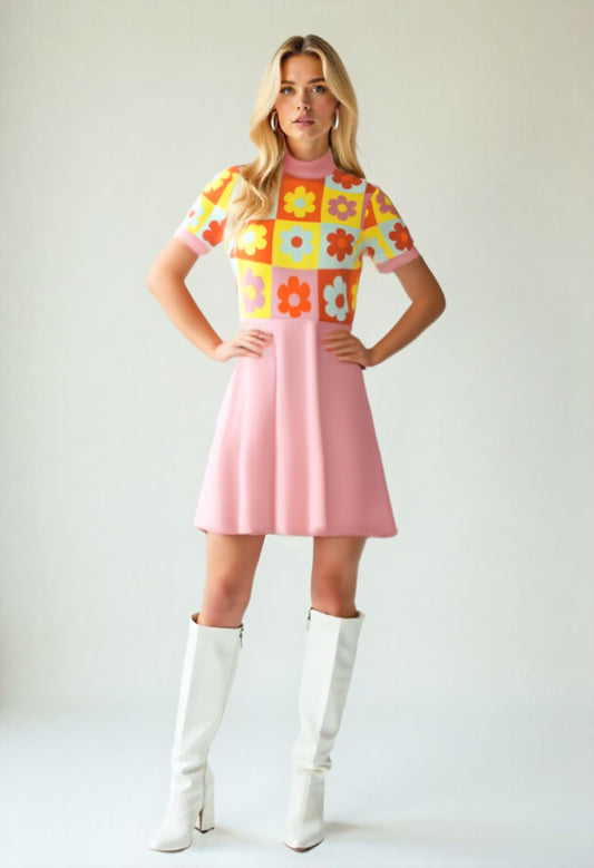 60s Dress Style, Pink Floral Mod Mini Dress, Retro Mod Pink GoGo Dress, 60s Turtleneck Dress
