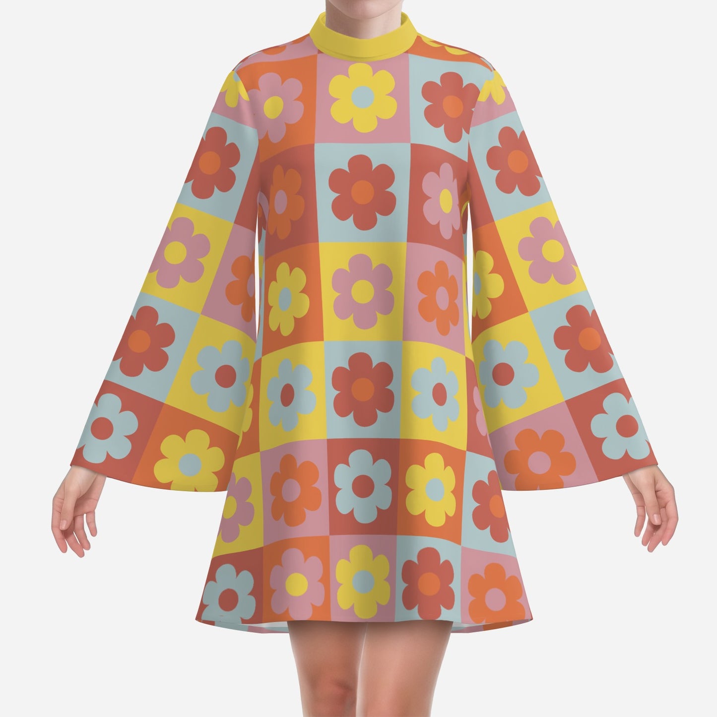 60s 70s Dress Style | Retro Bell Sleeve Boho Dress | Multicolor Floral Hippie Tent Dress | 70s Mini Dress with Yellow Turtleneck