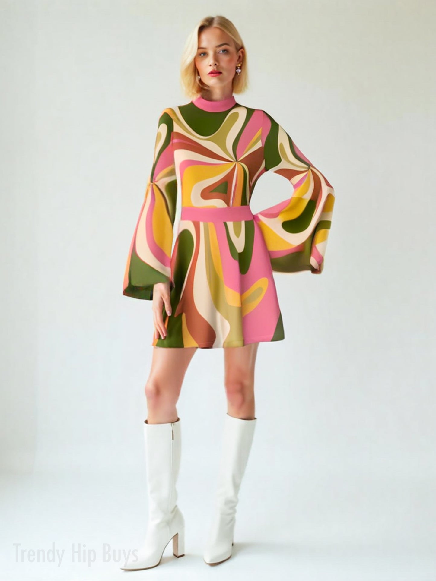 Green & Pink Groovy 70s Style Dress | 70s Disco Dress Style | Vintage Chiffon A-Line Mini Dress | Retro Inspired Clothing | Trendy Hip Buys
