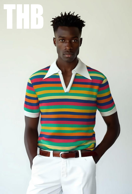 Retro Polo Shirt, 70s Style Polo Shirt, Multicolor Stripe Polo Shirt, 70s Wing Collar Shirt, Knit Polo