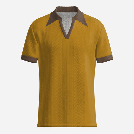 70s Style Polo Shirt | Retro Mustard Yellow Jacquard Knit Polo | Vintage Dagger Collar Polo Shirt