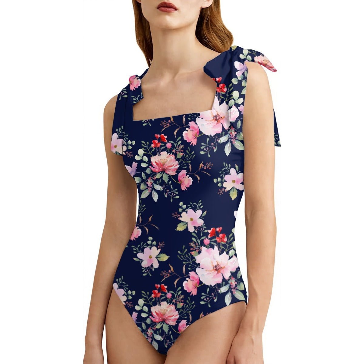 Chic Shoulder Bow Tie Blue Pink Floral Swimsuit | Romantic Floral One Piece Swimsuit | Women’s Feminine Blue Pink Swimwear | Classic Vintage Inspired Swim Costume | Square Neckline Scoop Back Swimwear