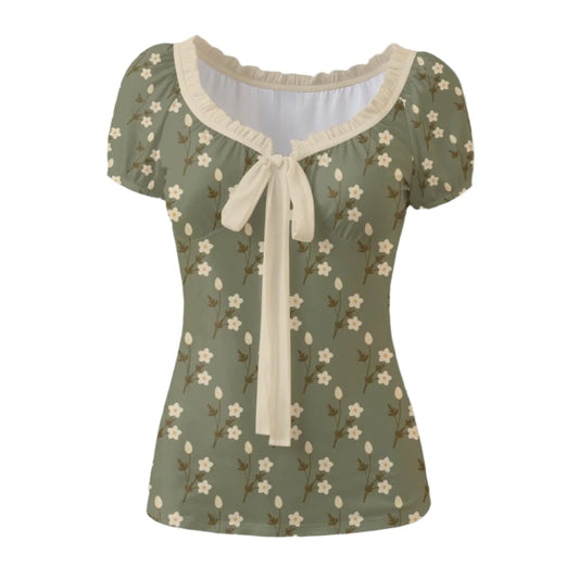 Olive Green Floral Babydoll Blouse – Vintage 40s Style Puff Sleeve Top | Beige Ruffle and Bow Tie Blouse for Women | Retro Floral Print Scoop Neck Shirt – Wrinkle Resistant, Easy-Care │ Women’s