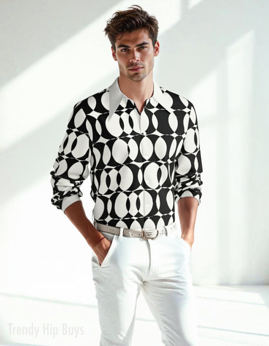 Men's 70s Style Shirt, Op Art Shirt, Black and White Geometric Shirt, Wing Collar Shirt