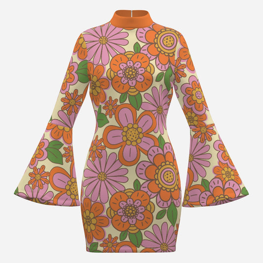 70s Style Dress | Orange Floral Bell Sleeve Mini Dress | Retro Turtleneck Disco Shift Dress