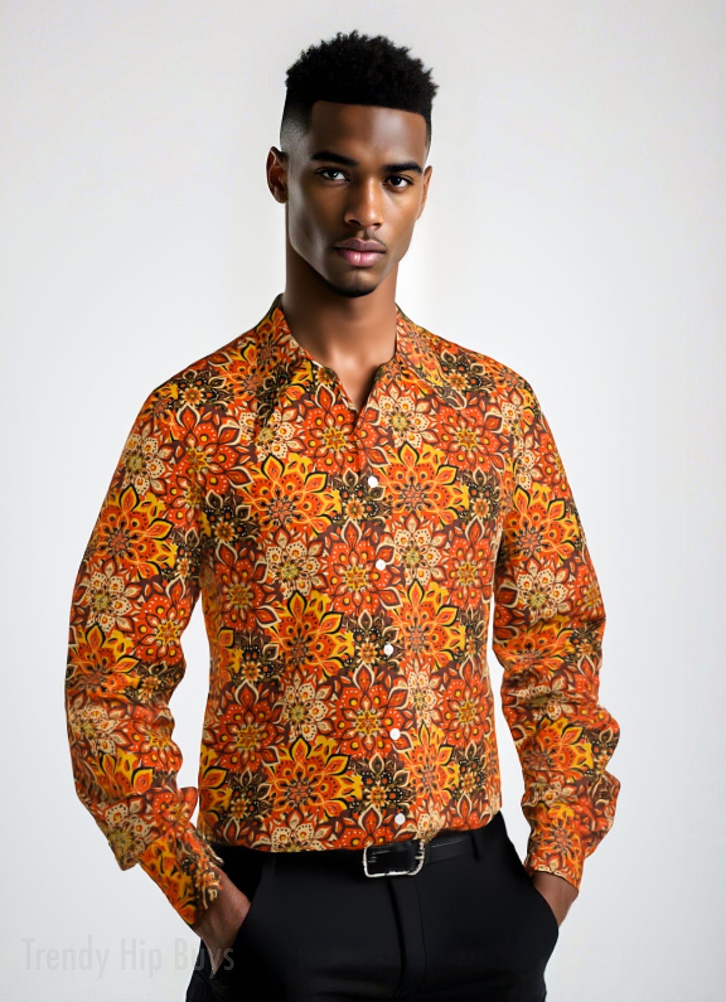 70s Style Shirt, Retro 70s Men's Shirt | Orange Hippie Boho Shirt | Wing Collar Disco Top